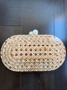 Amazon Natural Woven Rattan Oval Clutch with Pearl Top